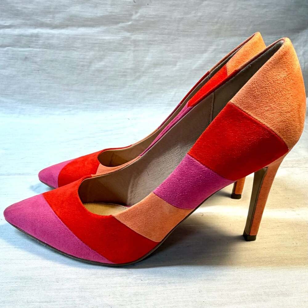 Michael Shannon Racer Pink Orange Red Suede Pointed Toe Stiletto Heels